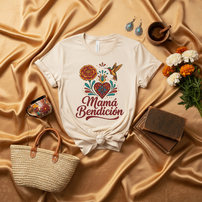 Mamá Bendición Shirt, Mexican Fiesta Hummingbird Floral Corazón Heart Tee, Cute Spanish Mom Blessing T-Shirt Gift, Día de las Madres Latina Mama Top