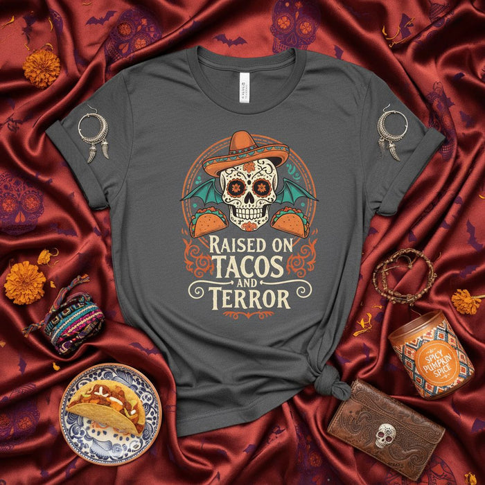 Raised on Tacos and Terror Shirt, Day of the Dead Sugar Skull Sombrero Tacos Halloween Graphic Tee, Cinco de Mayo Skeleton Costume Unisex T-Shirt