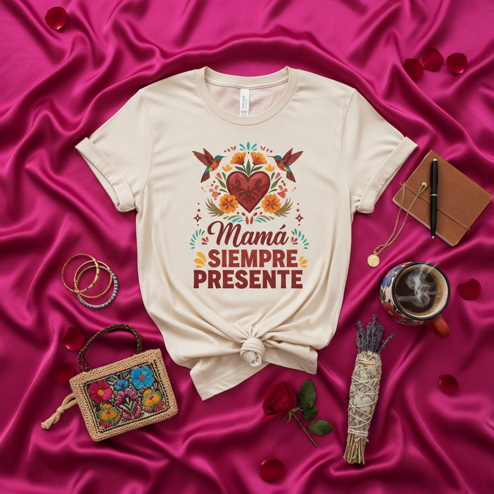 Camiseta Mamá Siempre Presente, Diseño Floral Mexicano, Regalo Día de las Madres, Corazón de Colibrí, Corte Unisex