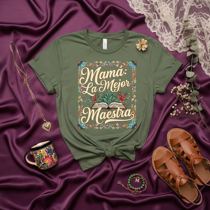 Mamá La Mejor Maestra Shirt, Best Mom Teacher Gift, Spanish Mother's Day T-Shirt, Floral Design Mexican Folk Art Style, Unisex Green Tee for Appreciation