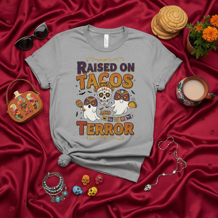 Raised on Tacos and Terror Shirt, Funny Halloween Ghost T-Shirt, Day of the Dead Sugar Skull Tee, Spooky Season Fiesta Apparel, Unisex Graphic Tacos and Terror Costume Top