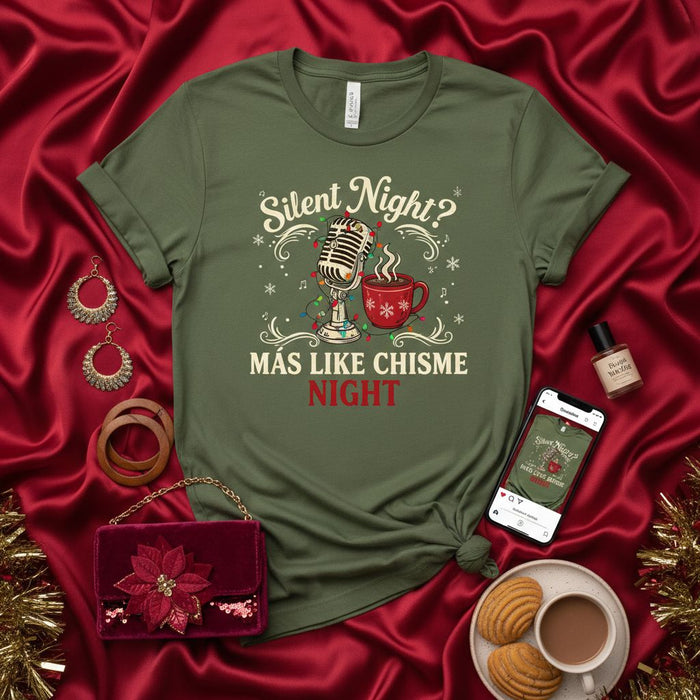 Silent Night? Más Like Chisme Night Christmas T-Shirt, Funny Holiday Party Tee with Microphone and Hot Cocoa, Spanish English Pun Shirt, Unisex Gift Idea