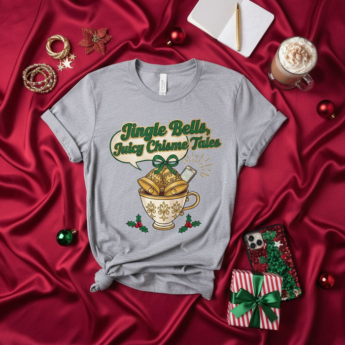 Maglietta natalizia Jingle Bells Juicy Chisme Tales, Divertente Maglietta Pettegolezzi per le Feste, Design Tazza di Tè Navidad, Idea Regalo Maglia Festiva Unisex