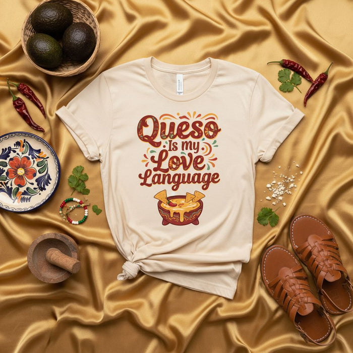 Queso is My Love Language T-Shirt, Nacho Cheese Graphic Tee, Funny Foodie Shirt, Cinco de Mayo Apparel, Mexican Cuisine Gift, Unisex Soft Cream Short Sleeve Shirt