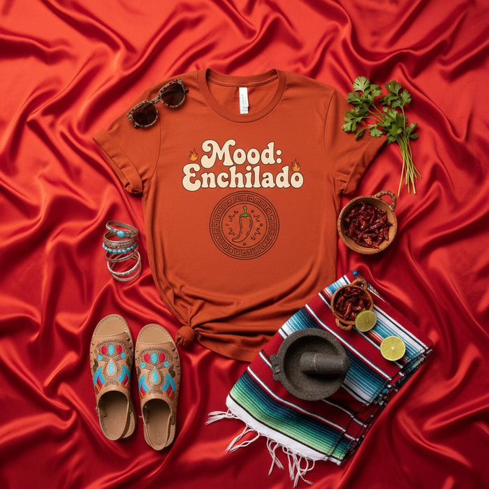 Mood: Enchilado Retro Graphic T-Shirt Unisex Spice Orange Foodie Mexican Theme Tee Shirt with Chili Pepper Design