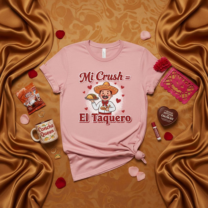 Mi Crush = El Taquero Funny Taco Lover T-Shirt, Mexican Foodie Unisex Tee with Hearts, Cute Valentine's Day Gift for Taqueria Fan, Concha Queen Mug Photo Prop Shirt