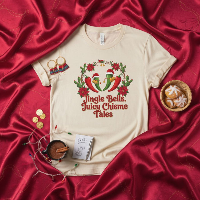Jingle Bells, Juicy Chisme Tales Christmas T-Shirt, Funny Holiday Fiesta Tee with Chiles and Poinsettias, Unisex Latinx/Hispanic Xmas Apparel, Seasonal Graphic Shirt Gift