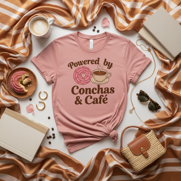 Powered by Conchas & Café Shirt, Sweet Mexican Bread Lovers Tee, Concha and Coffee Unisex T-Shirt, Pastel Pink Latina Gift Top, Pan Dulce Comfort Color Style T-shirt