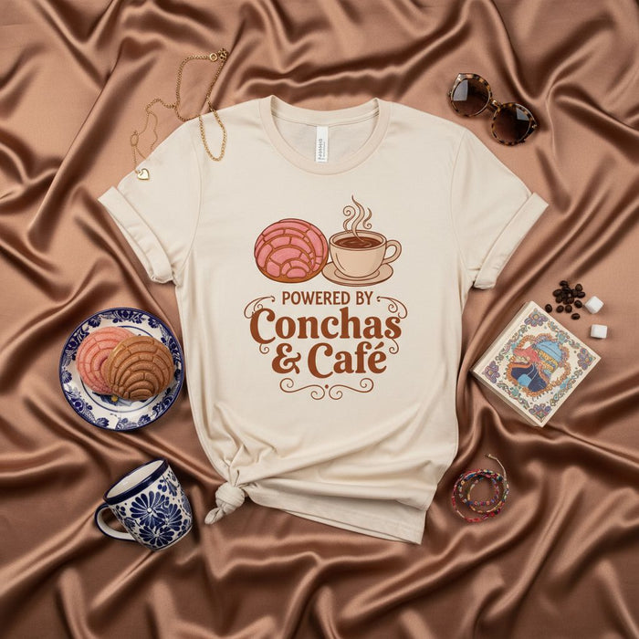 Powered by Conchas & Café T-Shirt, Mexican Pan Dulce Sweet Bread and Coffee Lover Unisex Shirt, Latinx Foodie Gift Tee, Concha Cookie Art Graphic Top