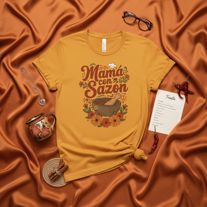 Maglietta Mamá con Sazón, Regalo per la Festa della Mamma, T-shirt Cucina Mamma Latina, Maglia Foodie Spagnola, Abbigliamento Amante Cucina Messicana, Maglia Grafica Ricetta di Famiglia, Unisex