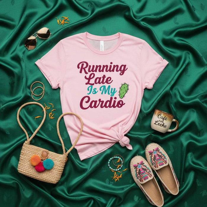 Running Late Is My Cardio T-Shirt, Funny Cactus Shirt, Sarcastic Exercise Humor Tee, Cute Pink Top for Women, Casual Summer Outfit with Straw Bag and Sunglasses