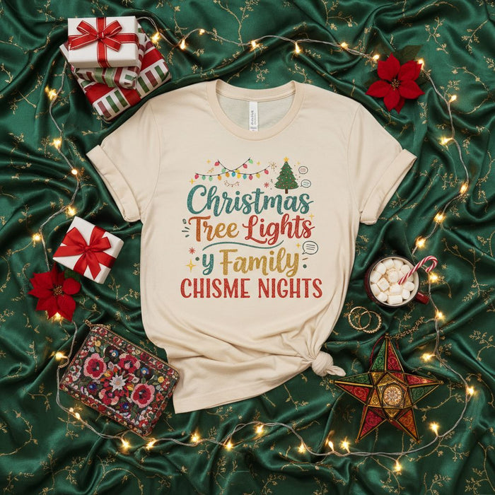 Christmas Tree Lights Y Family Chisme Nights Shirt, Funny Holiday Latina Gift, Spanish Christmas Party Tee, Xmas Lights & Gossip T-Shirt, Unisex