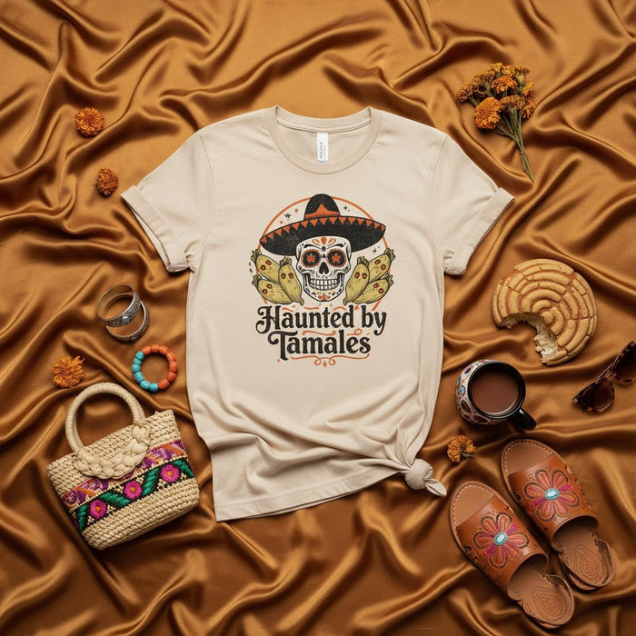 Haunted by Tamales Day of the Dead Sugar Skull T-Shirt, Spooky Halloween Calavera Tamale Lovers Unisex Tee, Dia de los Muertos Mexican Food Gift Shirt for Fall Festivities