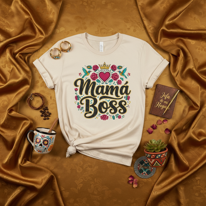 Mamá Boss T-Shirt, Mexican Mom Gift, Mother's Day Shirt, Jefa de mi Hogar, Latina Mama, Floral Crown Heart Birds Design, Spanish English Text, Unisex Fit Tee