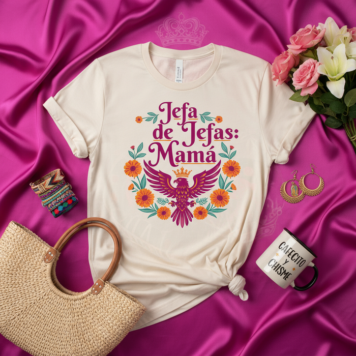 Jefa de Jefas: Camiseta para Mamá | Camiseta Floral con Águila y Corona para Mamá Latina | Regalo para el Día de la Madre para La Jefa | Camiseta Unisex para conjunto de Taza Cafecito y Chisme