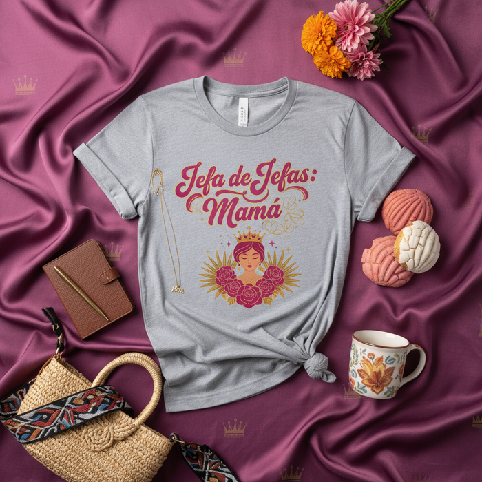 Jefa de Jefas: Mamá T-Shirt | Latina Mom Boss Queen Shirt | Spanish Mother's Day Gift for Jefe Mom | Mexican Concha Pan Dulce Theme Tee for Women | Best Mom Ever Top