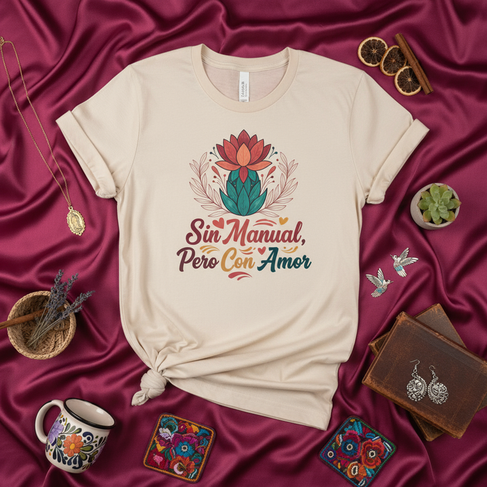 Sin Manual Pero Con Amor Cactus Lotus Flower Spanish T-Shirt, Día de las Madres, Mother's Day, Latina Mom Gift, Cute Floral Unisex Tee, Regalo para Mamá, Mexican Culture Inspired Graphic Shirt