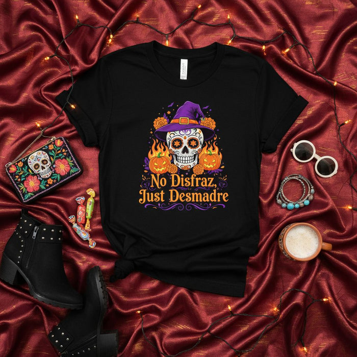 No Disfraz Just Desmadre Shirt, Sugar Skull Witch Hat Halloween Party T-Shirt, Day of the Dead Calavera Pumpkin Fire Graphic Tee, Funny Spanish Phrase Unisex Top