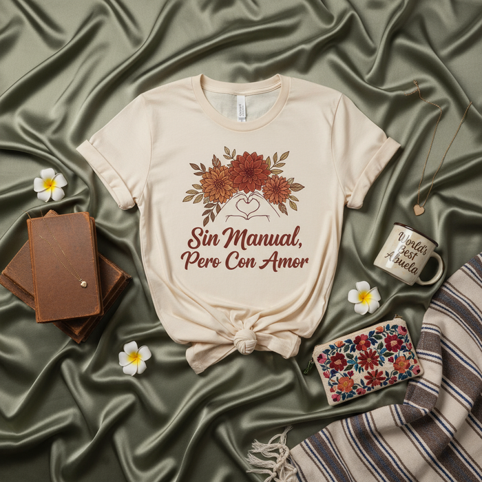 Sin Manual, Pero Con Amor Abuela T-Shirt, Spanish Grandparent Gift, Floral Heart Hands Tee, World's Best Grandma Shirt, Dia de las Madres, Mother's Day, New Abuela Announcement, Cute Latinx Family Tee