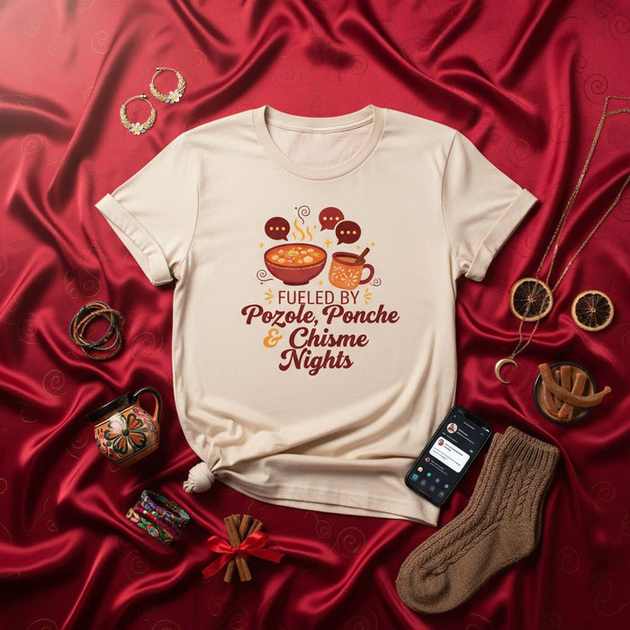 Maglietta Notti a base di Pozole, Ponche e Chisme, Maglietta Divertente Cibo Ispanico, Top Festività Invernali Latinx, Maglia Riunione di Famiglia, Maglietta Citazione Spagnola, Regalo per Amici Latini e Abuelas