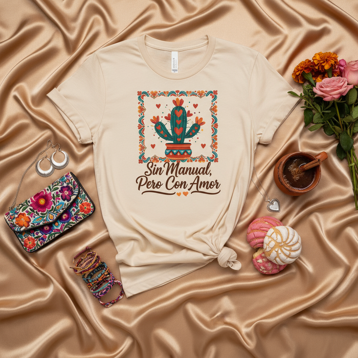 Sin Manual Pero Con Amor Camiseta de Cactus, Linda Camiseta Gráfica Mexicana, Camisa de Amor Corazón del Desierto, Camiseta con Frase Divertida en Español, Idea de Regalo para Latina, Ropa de Cinco de Mayo, Top Botánico Boho