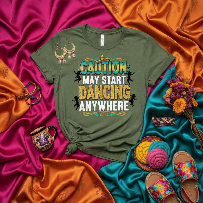 Caution May Start Dancing Anywhere Shirt, Unisex Funny Fiesta Sombrero Graphic Tee, Mexican Culture Party Dancing Humor T-Shirt