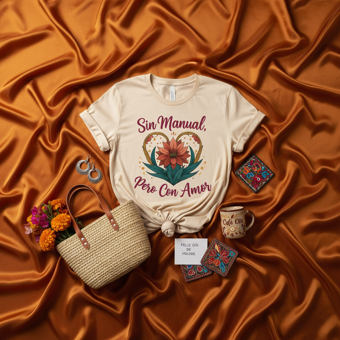 Sin Manual Pero Con Amor T-Shirt, Camiseta Día de la Madre, Regalo para Mamá, Floral Corazón Diseño, Unisex, Spanish Mother's Day Gift Idea