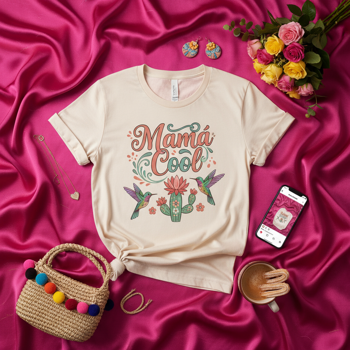 Mama Cool T-Shirt with Hummingbirds and Cactus, Groovy Boho Floral Graphic Tee, Cute Spanish Language Mother's Day Gift for Mom, Latina Mama Shirt, Unisex Softstyle Tee for Women