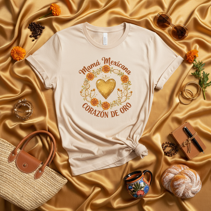 Mamá Mexicana Corazón de Oro Shirt, Spanish Mom T-Shirt with Gold Heart and Cactus Floral Wreath, Hispanic Mother's Day Gift Tee, Latina Mama Birthday Present, Cinco de Mayo Apparel