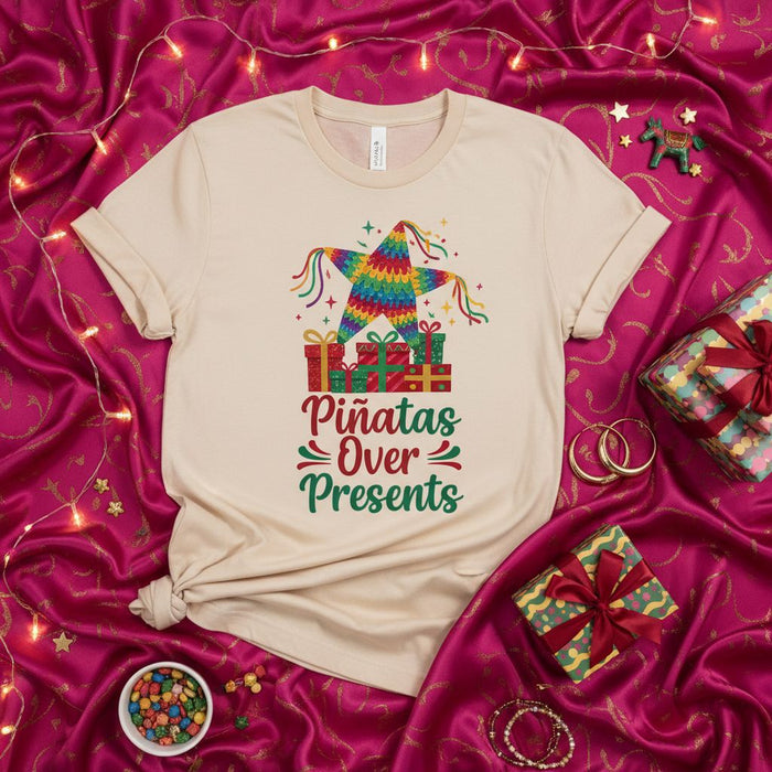Piñatas Over Presents Shirt, Christmas Pinata Star Festive Holiday Tee, Mexican Fiesta Party Gift T-shirt, Funny Xmas Celebration Unisex Top
