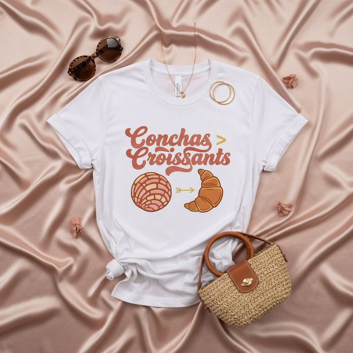 Conchas $>$ Croissants T-Shirt, Funny Hispanic Bakery Pan Dulce Tee, Mexican Sweet Bread Shirt, Concha Lover Gift, Latinx Foodie Apparel