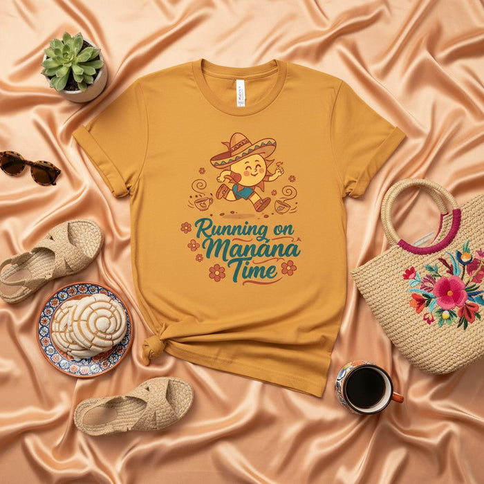 Running on Mañana Time T-Shirt Funny Sun with Sombrero and Coffee Graphic Tee Unisex Spanish English Phrase Shirt