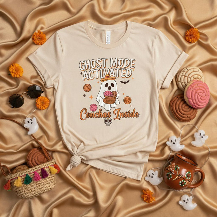 Ghost Mode Activated Conchas Inside T-Shirt, Cute Halloween Ghost with Mexican Sweet Bread Pan Dulce, Spooky Season Unisex Fall Tee for Concha Lovers