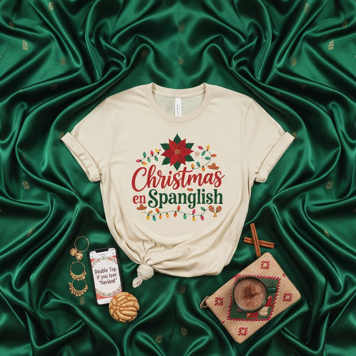 Christmas en Spanglish Shirt, Poinsettia Design, Funny Bilingual Holiday Tee, Spanglish Christmas Shirt, Latino Family Christmas Gift, Festive Lights Graphic T-Shirt