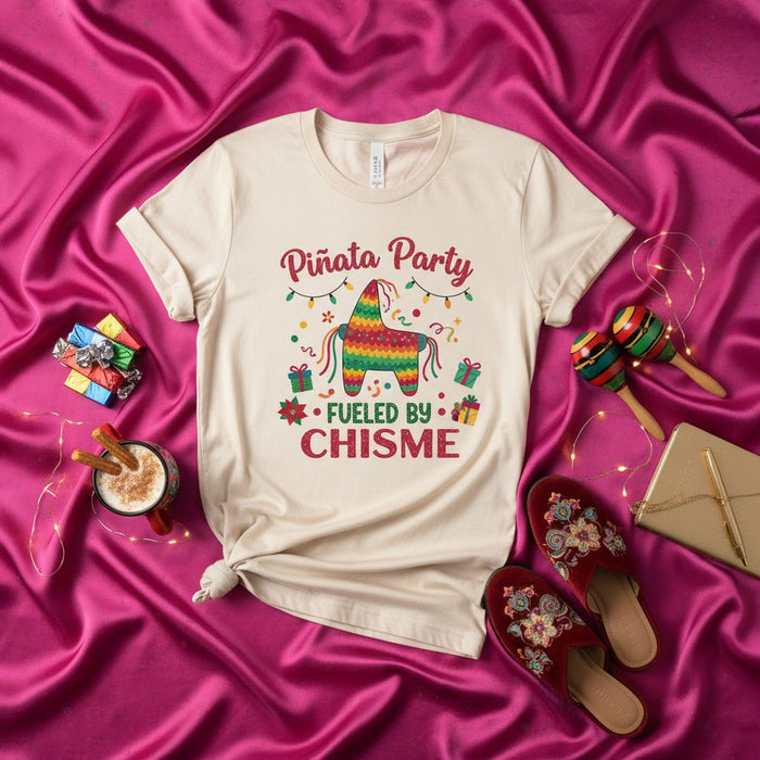 Pinata Party Fueled By Chisme T-Shirt, Funny Mexican Party Tee, Cute Cinco de Mayo Fiesta Shirt, Spanish Gossip Pun Apparel, Colorful Llama Donkey Design Top for Men Women