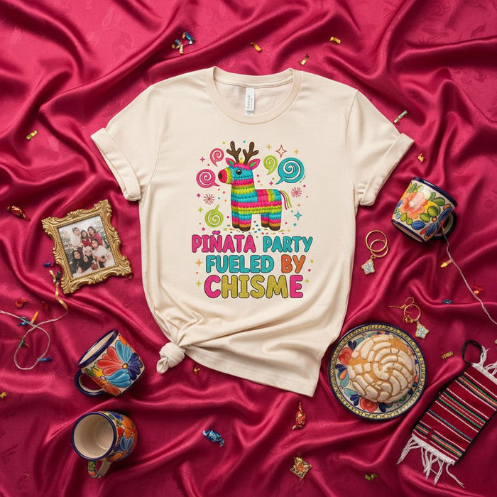 Piñata Party Fueled By Chisme Shirt, Funny Mexican Fiesta Tee, Cute Donkey Pinata Graphic T-Shirt, Cinco de Mayo Party Outfit, Colorful Unisex Top, Latinx Culture Gift Idea