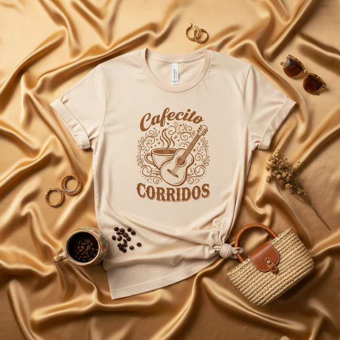 Cafecito y Corridos Shirt, Coffee and Guitar Tee, Mexican Music Lover Gift, Latte T-Shirt, Coffee Enthusiast Apparel, Aesthetic Latin Culture Clothing, Música Mexicana Graphic T-Shirt