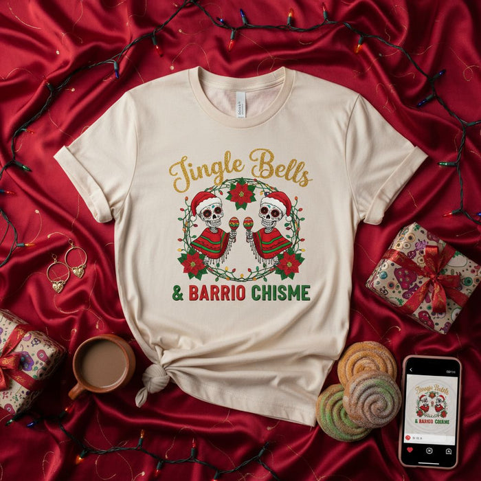 Jingle Bells & Barrio Chisme Christmas T-Shirt, Funny Santa Skulls Maracas Poinsettia Wreath Design, Unisex Holiday Tee, Latina Family Gossip Shirt, Festive Xmas Party Gift Top