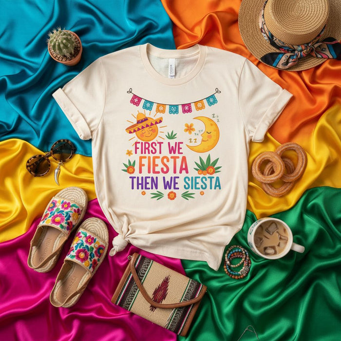 First We Fiesta Then We Siesta T-Shirt, Cute Cinco de Mayo Fiesta Shirt, Funny Siesta Tee, Summer Vacation T-Shirt, Matching Family Holiday Shirts, Mexican Celebration Top, Fiesta Party Outfit, Sleepy Moon and Sun Shirt