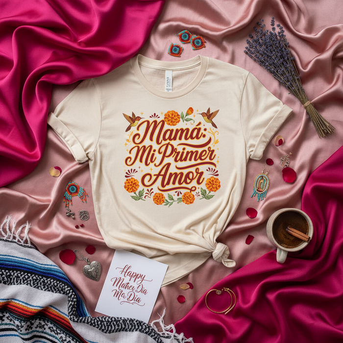 Mamá Mi Primer Amor Shirt, Día de la Madre T-Shirt, Spanish Mother's Day Gift, Hummingbird Marigold Graphic Tee, Latina Mom Appreciation Love Shirt, Regalo Para Mamá