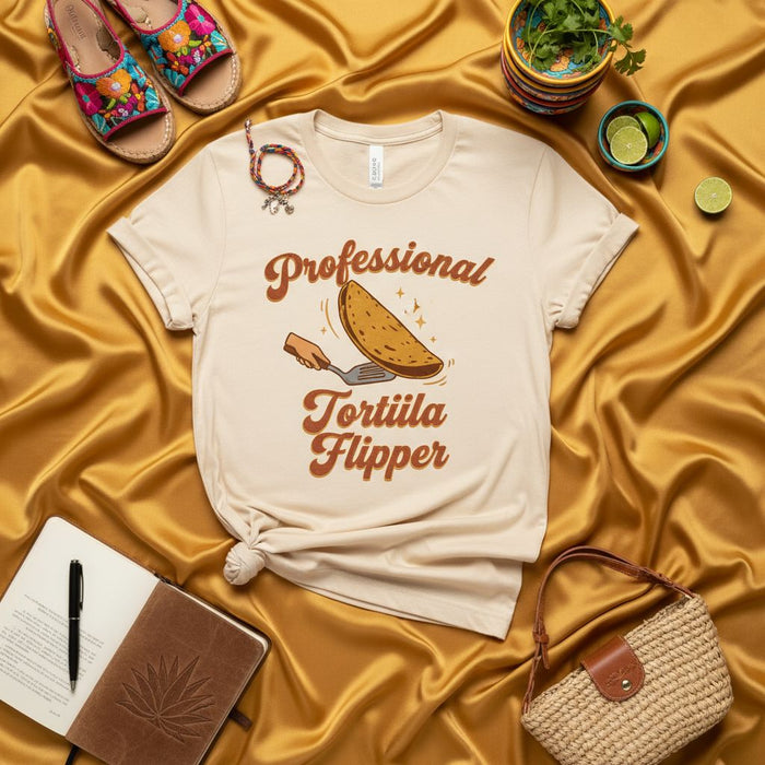 Professional Tortilla Flipper T-Shirt, Funny Mexican Food Lover Tee, Cinco de Mayo Cook Chef Gift, Unisex Graphic Shirt for Tostada Quesadilla Taco Fan