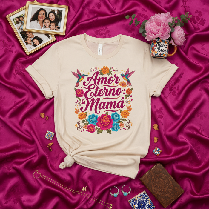Maglietta Amor Eterno Mama con colibrì e fiori, Regalo Festa della Mamma, Citazione Spagnola, Sfondo Cornice Foto Famiglia, Maglia Softstyle Donna/Unisex