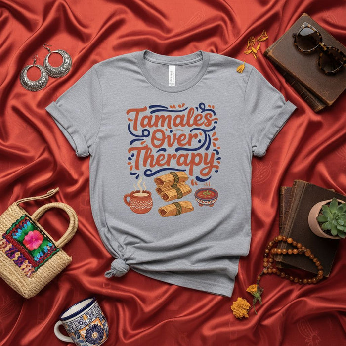 Tamales Over Therapy T-Shirt, Funny Mexican Food Tee, Comfort Food Shirt, Latina Latino Hispanic Culture Gift, Holiday Tamale Season Apparel