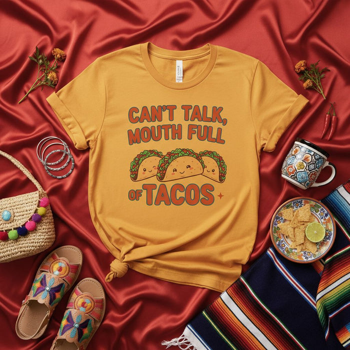 Can't Talk Mouth Full of Tacos T-Shirt, Funny Retro Taco Graphic Tee, Unisex Food Lover Shirt, Cute Cinco de Mayo or Taco Tuesday Gift for Him or Her