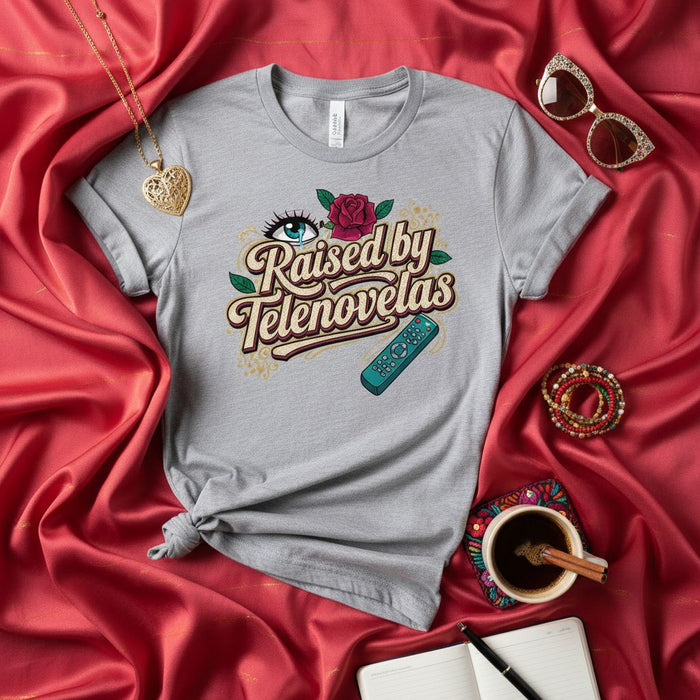 Raised by Telenovelas T-Shirt, Funny Hispanic TV Show Graphic Tee, Latina Gift, Spanish Soap Opera Remote Control Eye Rose Floral Design Shirt, Unisex Top