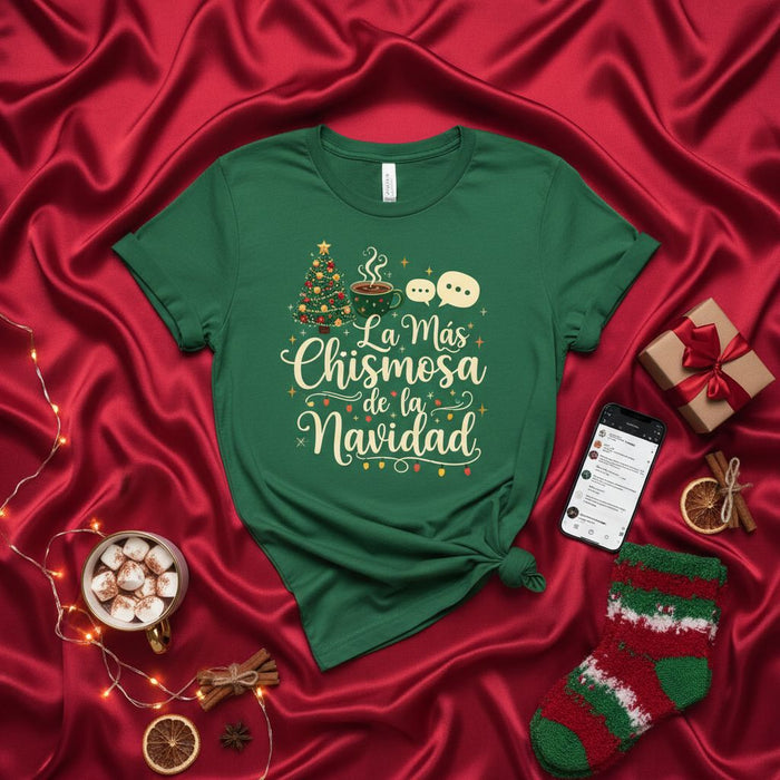 La Maglietta di Natale Spagnola Divertente, La Più Pettegola del Natale, Maglietta Pettegolezzo Festivo, Camicia Latina di Natale, Regalo Divertente per Lei, Maglietta Verde