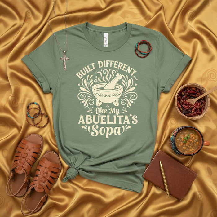 Built Different Like My Abuelita's Sopa T-Shirt, Funny Hispanic Food Tee, Latina Grandparent Gift, Mortar and Pestle, Spanish Comfort Food Shirt
