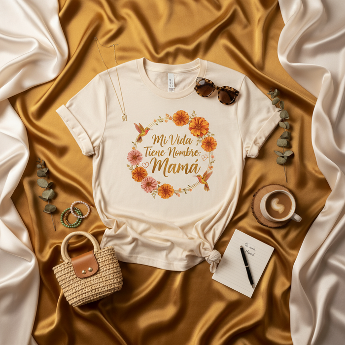 Mi Vida Tiene Nombre Mamá Camiseta, Día de la Madre Regalo, Hummingbird Floral Wreath T-Shirt, Spanish Mom Life Tee, Latina Mama Shirt, Mother's Day Gift Idea for Her