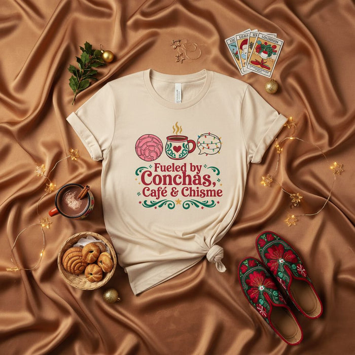Fueled by Conchas, Café & Chisme T-Shirt: Latinx Pan Dulce Coffee Gossip Unisex Tee with Mexican Concha Bread and Christmas Holiday Vibes Print