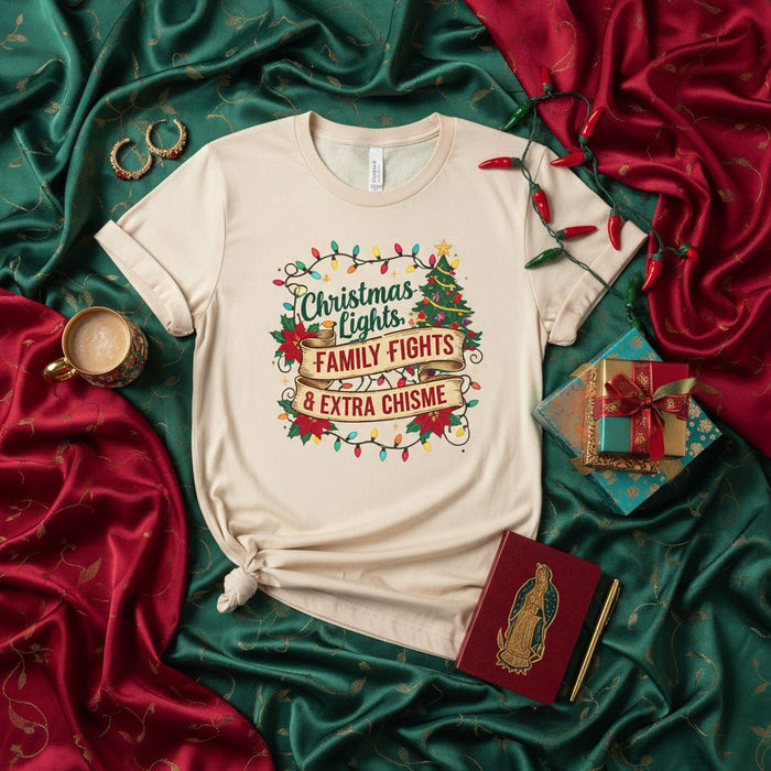 Christmas Lights Family Fights & Extra Chisme T-Shirt, Funny Holiday Shirt, Latino Christmas Tee, Spanish Saying Christmas Party Top, Navidad Familia Humor Gift Idea